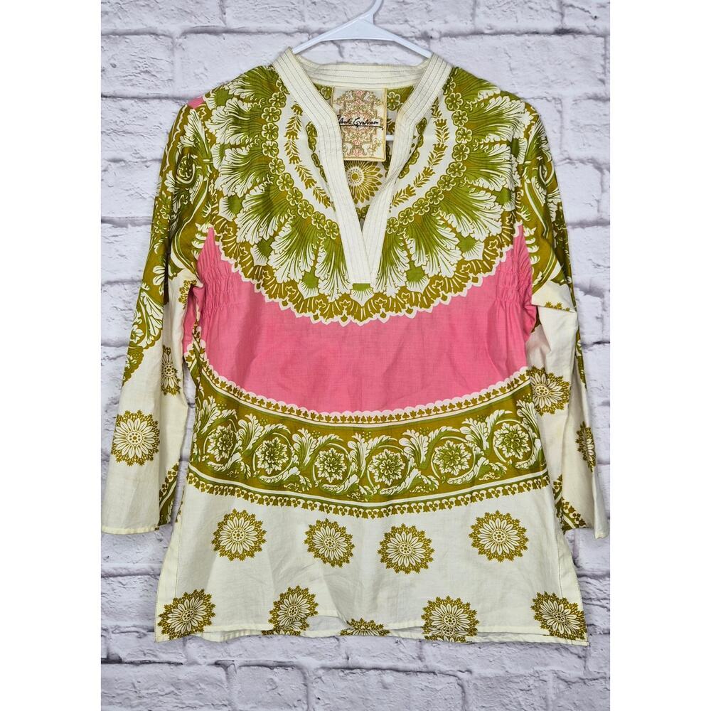Robert Graham  100% Cotton Tunic Shirt Medium Boho Paisley Floral Long Sleeve